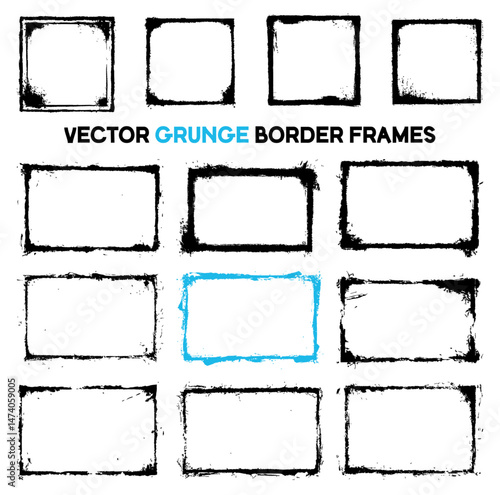 Collection of vector grunge border frames. Distressed, rough-edged rectangular and square shapes for edgy design elements or overlays.