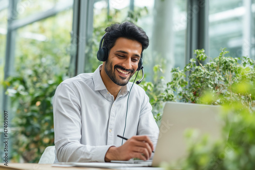 Indian businessman wearing a headset, smiling while talking to a laptop, holding a pen, bright office with large window, fresh greenery outside, modern remote work atmosphere no logo