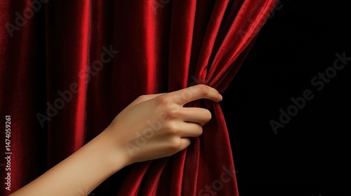 A hand gently pulling open a piece of red silk fabric against a black background.
