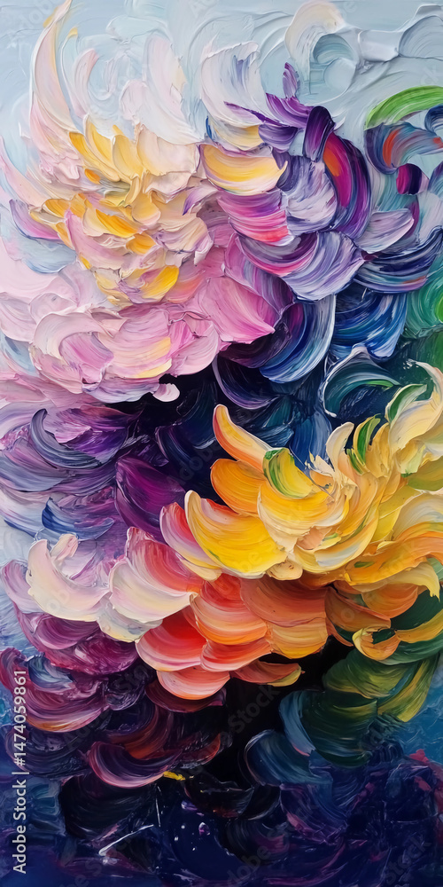 Abstract oil painting of vibrant, colorful clouds with thick brush strokes and impasto texture created using a palette knife, showcasing dynamic cloud formations Abstract oil painting of vibrant, colorful clouds with thick brush strokes and impasto texture created using a palette knife, showcasing dynamic cloud formations