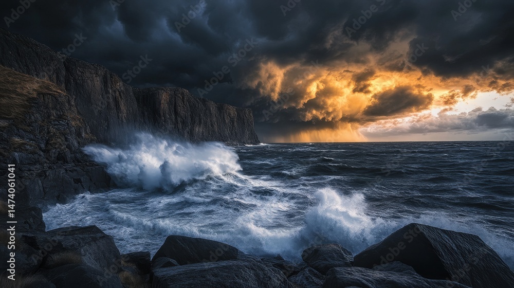 Obraz premium Dramatic coastal scene with stormy waves and dramatic clouds.