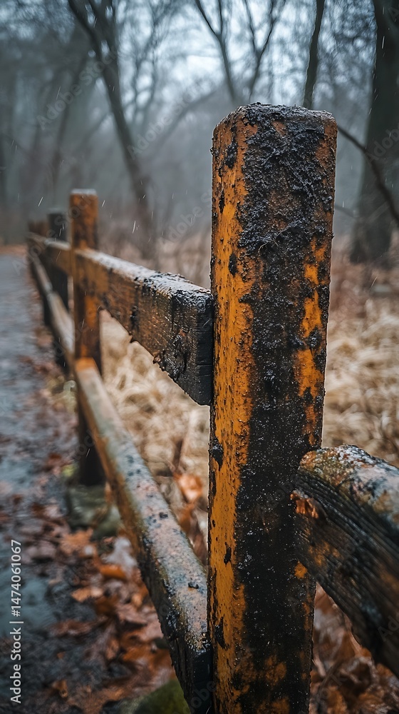 Fototapeta premium Rustic Wooden Fence Along a Misty Path Creates Serene Forest Atmosphere