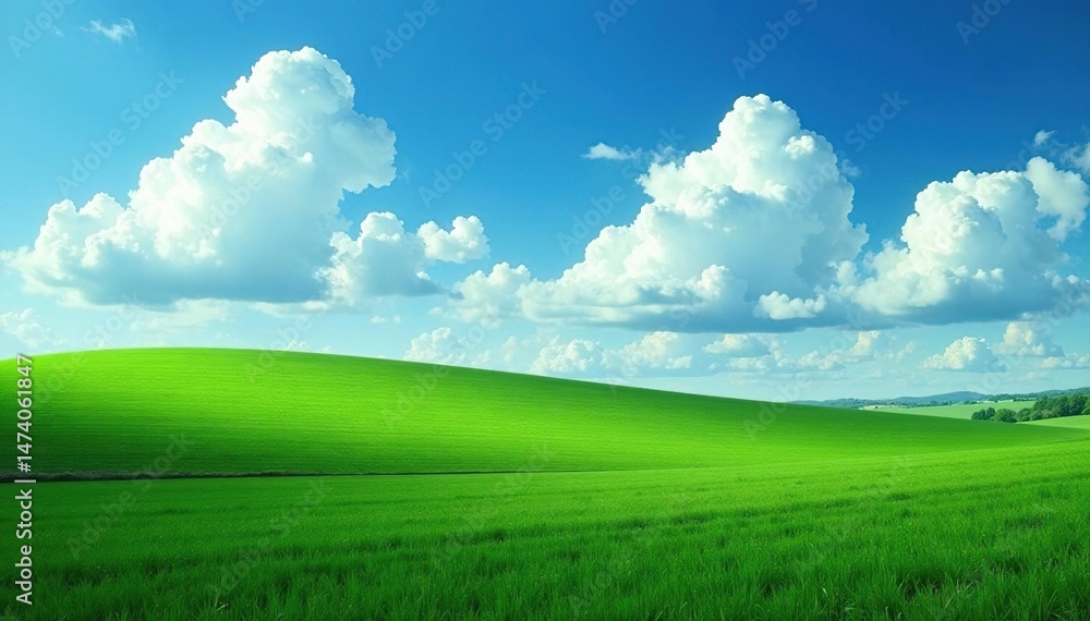 Fototapeta premium - Dramatic clouds drift over a rolling green field , pastoral, field