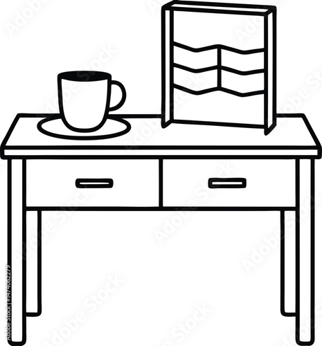 Still Life Illustration: An artful monochrome representation, this image features a simple desk, elegantly displaying a coffee cup with its saucer, alongside a magazine holder.