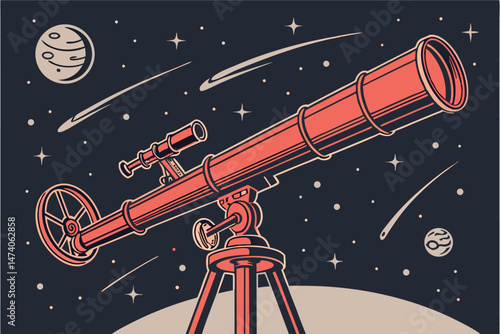 125 red telescope, metal telescope, star gazer telescope, vintage telescope, astronomical observation equipment, night sky viewing, stargazing tool, space exploration, celestial bodies, high-quality t