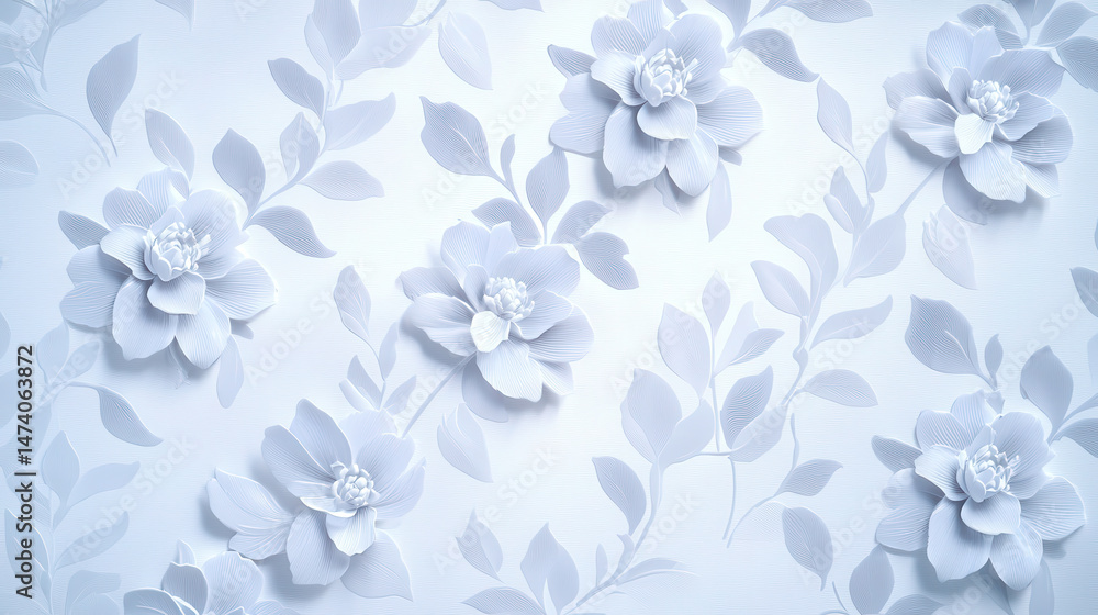 Fototapeta premium Elegant white floral design on soft grey background, featuring intricate paper flowers and leaves, creating serene and calming atmosphere