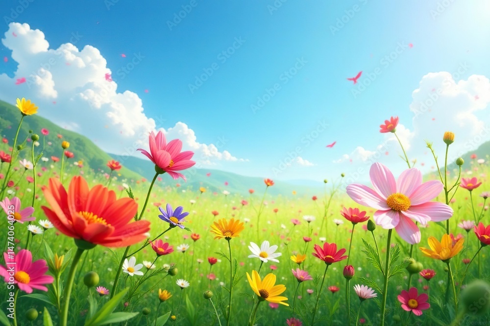 Vibrant wildflowers sway, sunlit meadow, clear blue sky above , blue, meadow