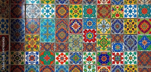 Vibrant, patterned vintage Turkish ceramic tiles create a colorful wall backdrop,  colorful background, home decor