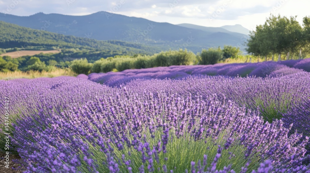 Fototapeta premium Lush lavender field stretches across a hillside landscape.