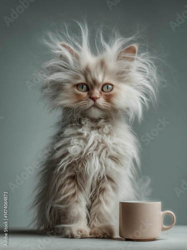 Fototapeta Naklejka Na Ścianę i Meble -  A fluffy kitten with cup of coffe, static-charged hair sitting against a pale blue background.
