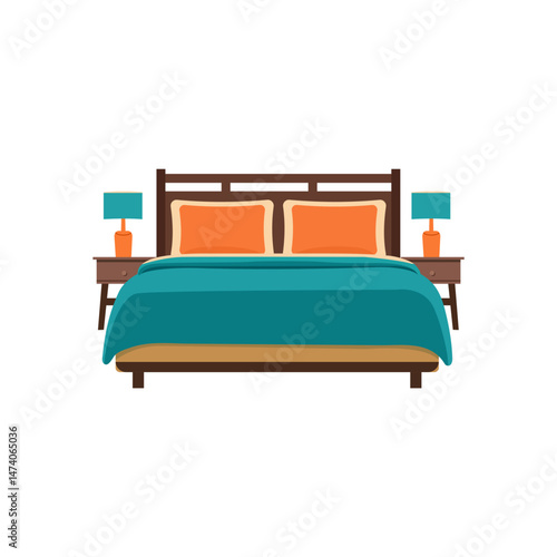 A front-view flat vector illustration of a modern double bed with turquoise bedding and orange pillows