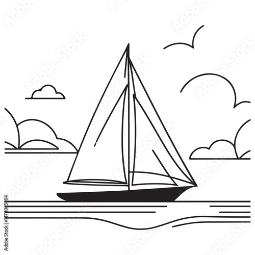 Sailboat Sailing on Ocean Waves Minimalist Line Art Illustration