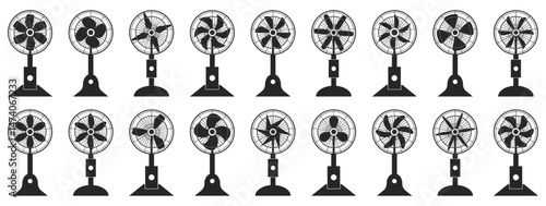 Set of black electric stand fan silhouette. Vector illustration