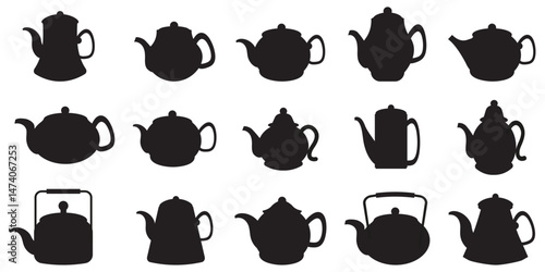 Tea pots silhouettes collection in black. Vector illustration