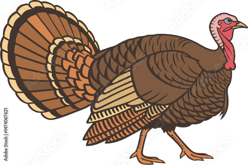 126 brown turkey, colorful feathers, proud posture, close-up portrait, detailed plumage, farm animal, thanksgiving bird, photorealistic, high resolution