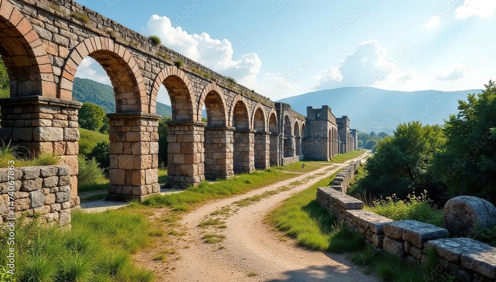 Fototapeta premium Ancient Roman aqueduct ruins, weathered stone, sun-drenched landscape , landscape, old, crumbling