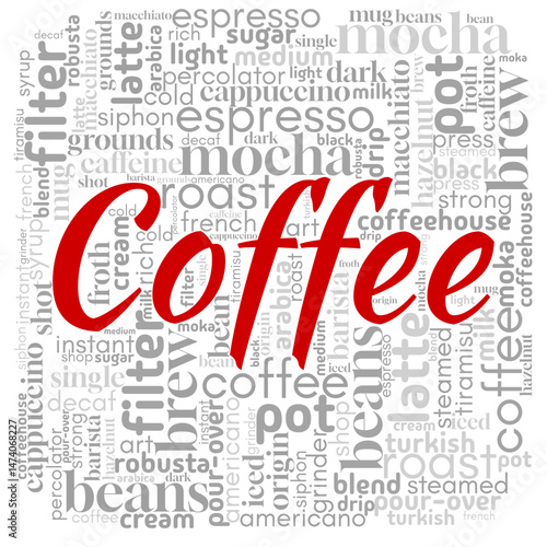 Word cloud centered on "Coffee", filled with words about flavor, brewing, and café culture. Ideal for food and drink visuals, lifestyle content, and cozy coffee-themed designs