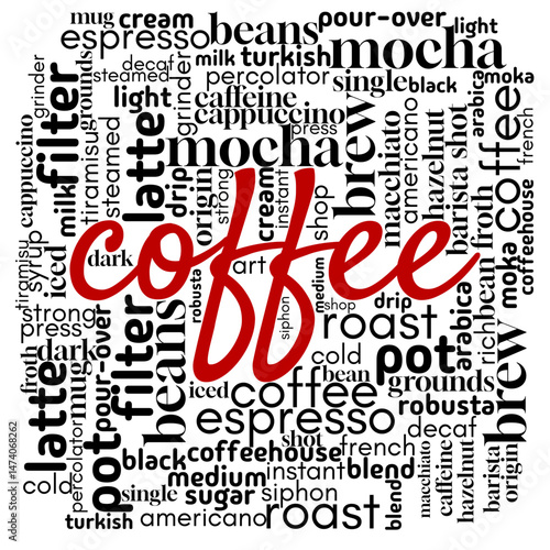Word cloud centered on "Coffee", filled with words about flavor, brewing, and café culture. Ideal for food and drink visuals, lifestyle content, and cozy coffee-themed designs