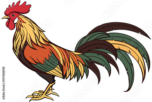 127 rooster, colorful feathers, vibrant hues, detailed plumage, majestic pose, proud stance, isolated white background, photorealistic, highly detailed