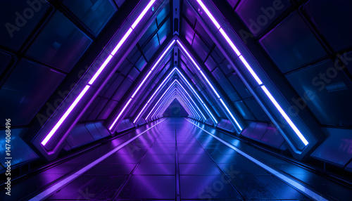 Abstract neon triangle tunnel background with glowing lights for technology and sci fi concept