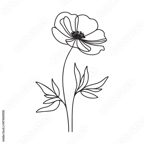 Elegant Floral Silhouette Illustration of Poppy Flower Bloom and Leaves