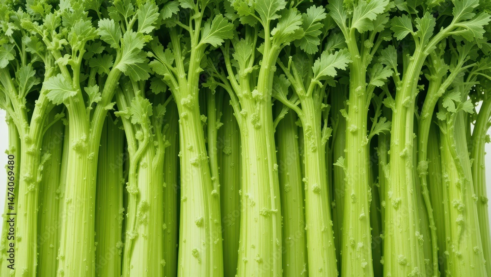 Obraz premium Fresh Green Celery Stalks Displayed Together on a White Background for Culinary Use