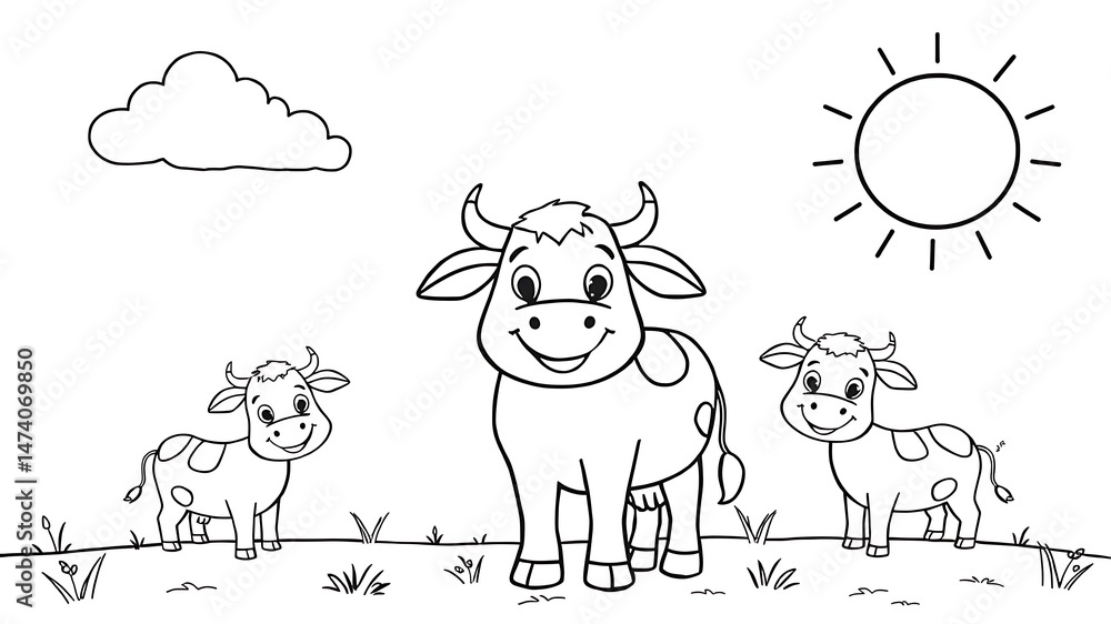 Fototapeta premium Cartoon depiction of three smiling cows under the sun and cloud illustration