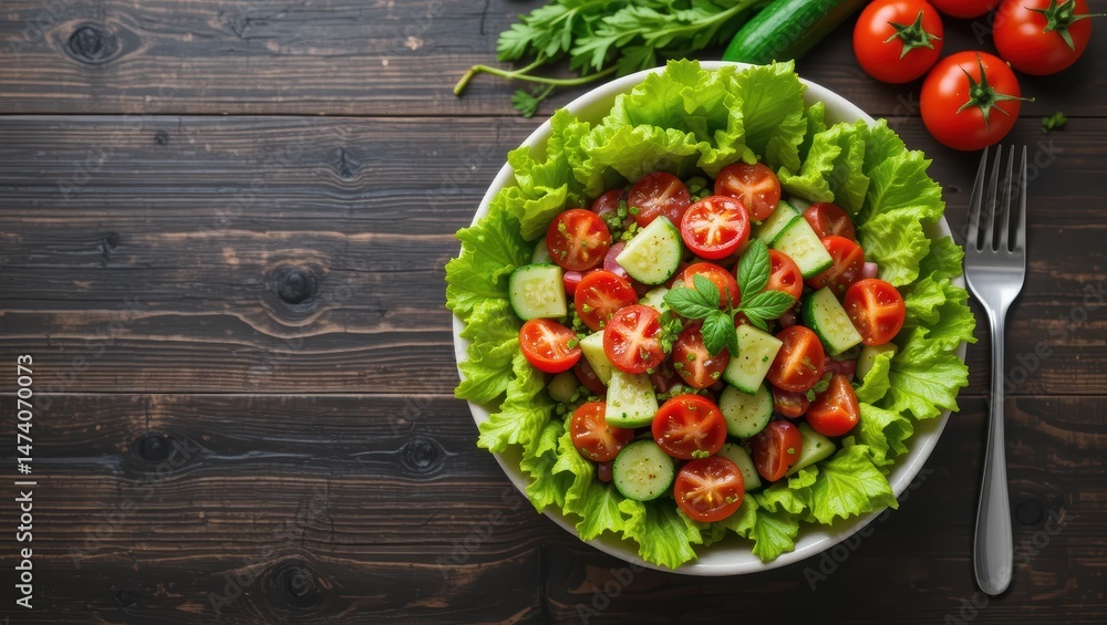 Fresh Vegetable Salad with Cherry Tomatoes and Cucumbers Served on a Rustic Wooden Table Fresh Vegetable Salad with Cherry Tomatoes and Cucumbers Served on a Rustic Wooden Table