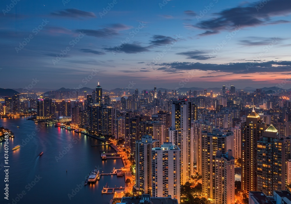 Naklejka premium Night panorama of a city skyline along a river with illuminated buildings and a colorful sky at dusk