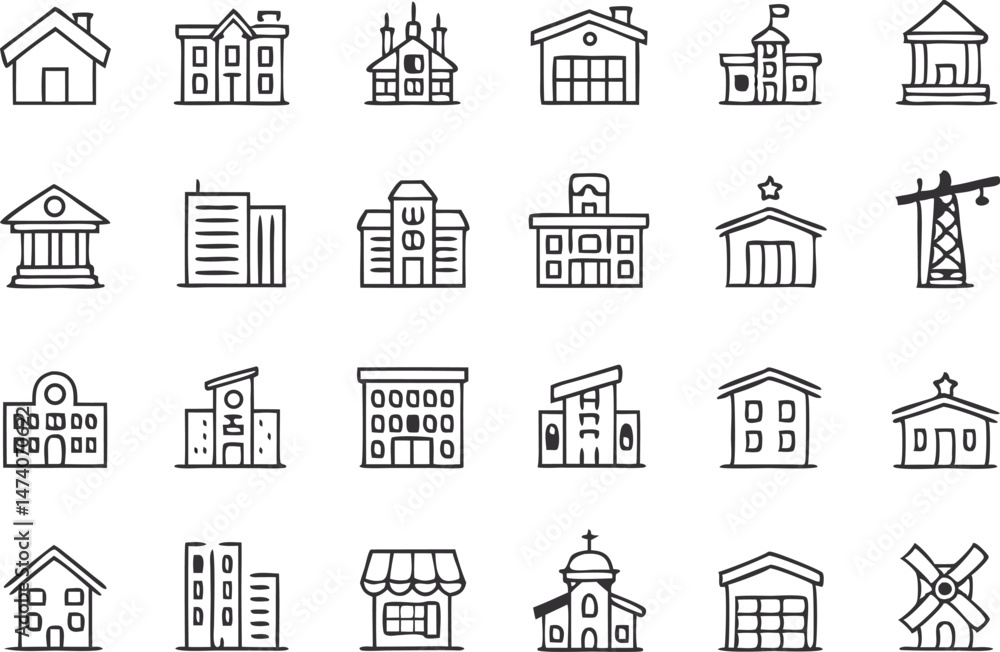 Obraz premium Building thin line icons set. Building, Architecture, House, Hospital, Office, School, Bank, Church, Hotel editable stroke icon. Vector