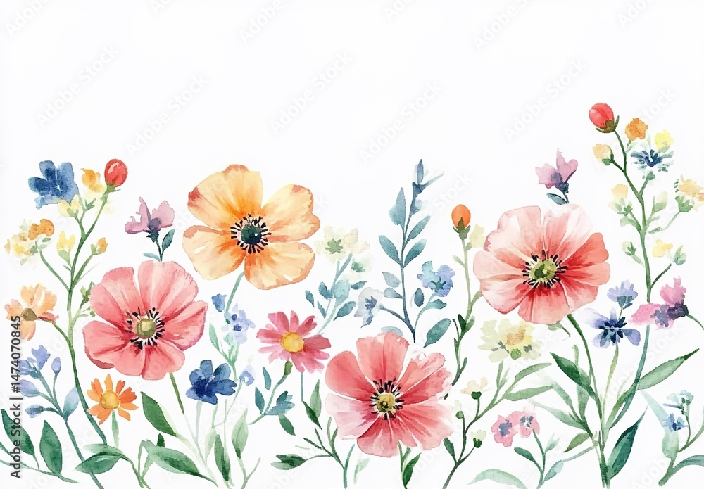 Obraz premium A watercolor-style illustration with colorful flowers like red, purple, yellow, and blue at the bottom edge, green leaves, and a pure white background.