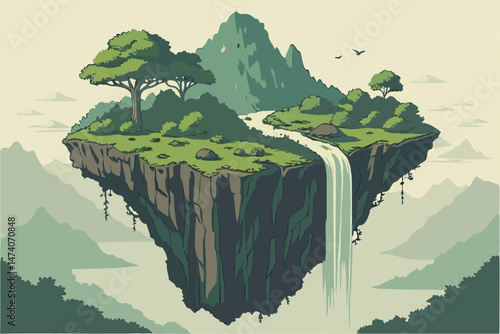 128 floating island, lush green landscape, waterfalls, mountainous terrain, fantasy environment, photorealistic, highly detailed, 8k resolution, digital art