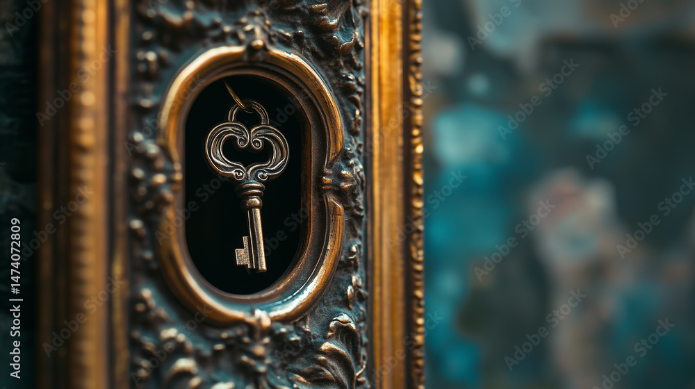 Macro shot of a lock and key hidden behind a picture frame.