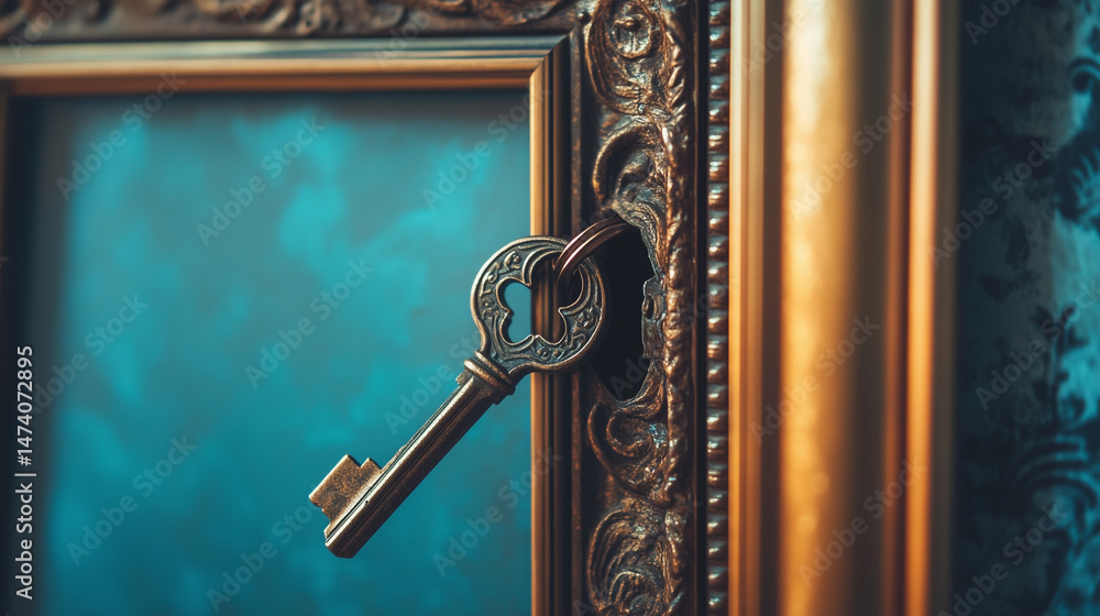 Macro shot of a lock and key hidden behind a picture frame.