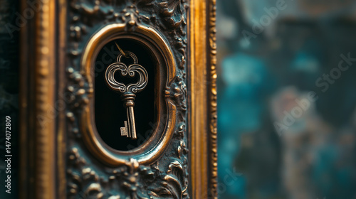 Obraz na płótnie Macro shot of a lock and key hidden behind a picture frame. w salonie