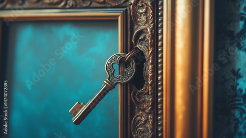 Obraz na płótnie Macro shot of a lock and key hidden behind a picture frame. w salonie