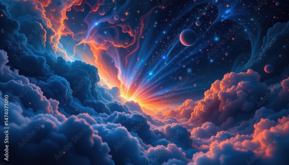 Fototapeta premium cosmic nebula with blue and orange hues creating a surreal space landscape with glowing stars and swirling clouds, perfect for space photography or digital art themed product branding