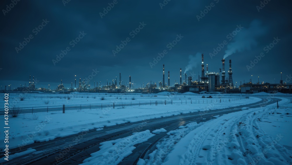 Industrial Factory Landscape at Night with Snow and Emissions in Cold Winter Conditions Industrial Factory Landscape at Night with Snow and Emissions in Cold Winter Conditions