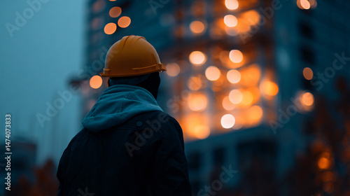 Chinese worker at a modern construction site, focusing on the work environment.