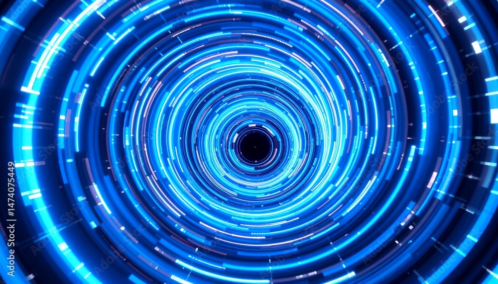 Fototapeta premium An abstract background image featuring a blue light tunnel with concentric circles spinning toward a black hole, creating an effect of swirling motion and depth.