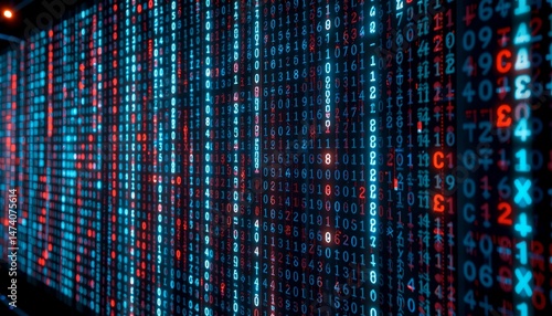Abstract digital data stream with binary code in blue and red colors, showcasing a technological and futuristic concept