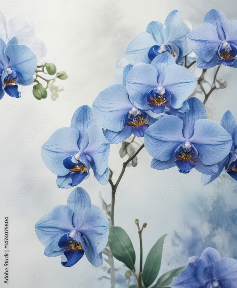 Fototapeta premium Delicate blue watercolor wash background featuring vibrant Phalaenopsis orchids, native Philippine flora , detail, Asia, color