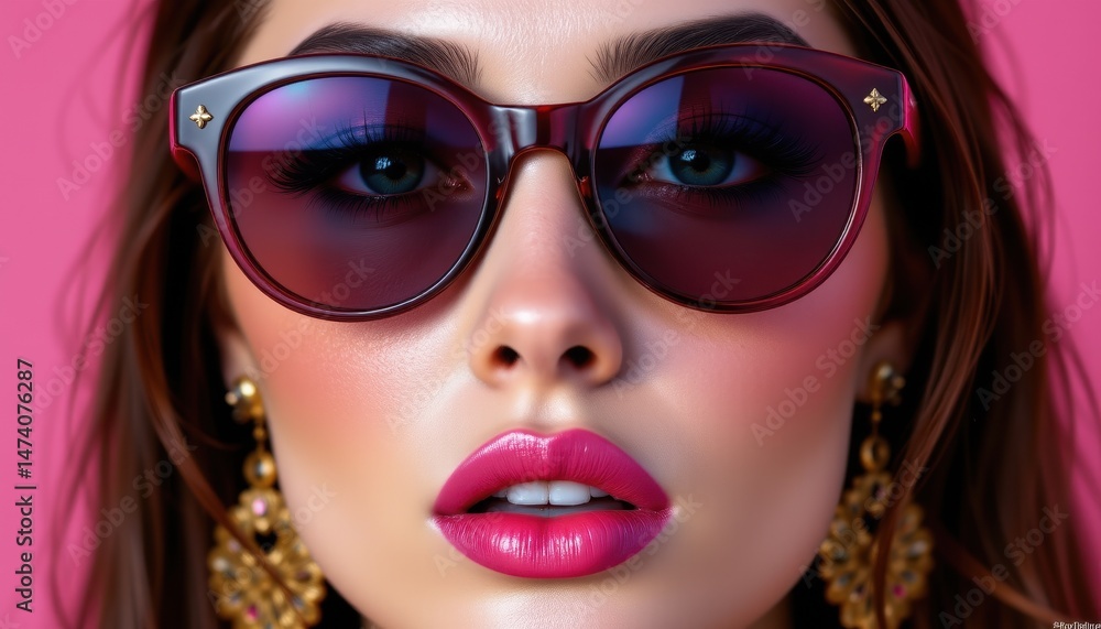 closeup pop art portrait of a woman in sunglasses against a pink background perfect for contemporary fashion photography, pop culture branding, and e commerce listings showcasing bold makeup closeup pop art portrait of a woman in sunglasses against a pink background perfect for contemporary fashion photography, pop culture branding, and e commerce listings showcasing bold makeup