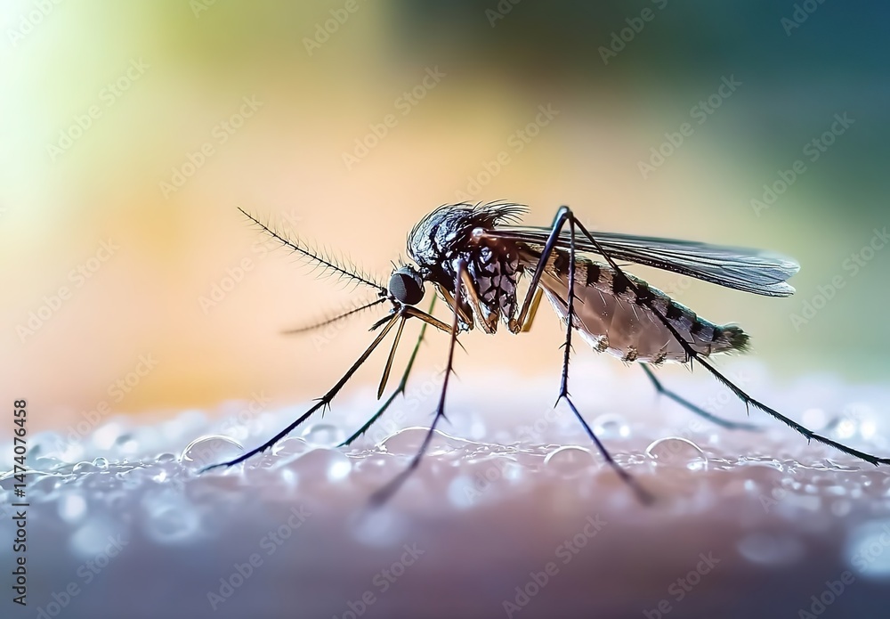 Close-up of a mosquito resting on a water droplet-covered surface. Close-up of a mosquito resting on a water droplet-covered surface.