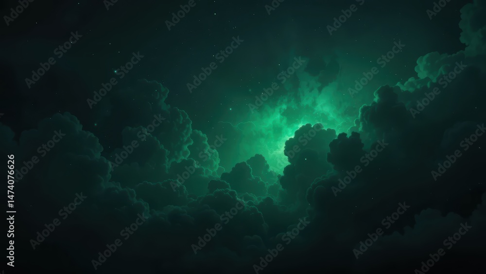 Obraz premium Mysterious Green Clouds Illuminated by Starry Sky at Night Creating Tranquil Atmosphere
