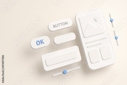 User interface elements with buttons, sliders, and mobile screen layout in minimalistic white and blue design, conveying simplicity and clarity