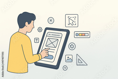 Person using tablet digital design user interface touchscreen graphic icons creative process technology app development digital art modern