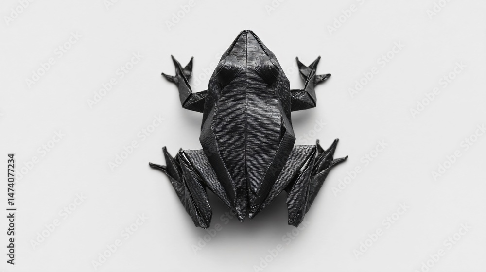 Obraz premium Clean monochrome origami frog in black paper centered on white background, perfect for editorial or design templates Image 4K UHD