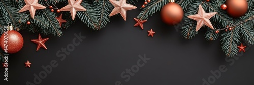 Christmas Border of Sparkling Pine Branches, Bronze Ornaments, Stars on Black Background, Copy Space