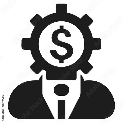 Black silhouette of a financial advisor with gear head symbol and dollar sign
